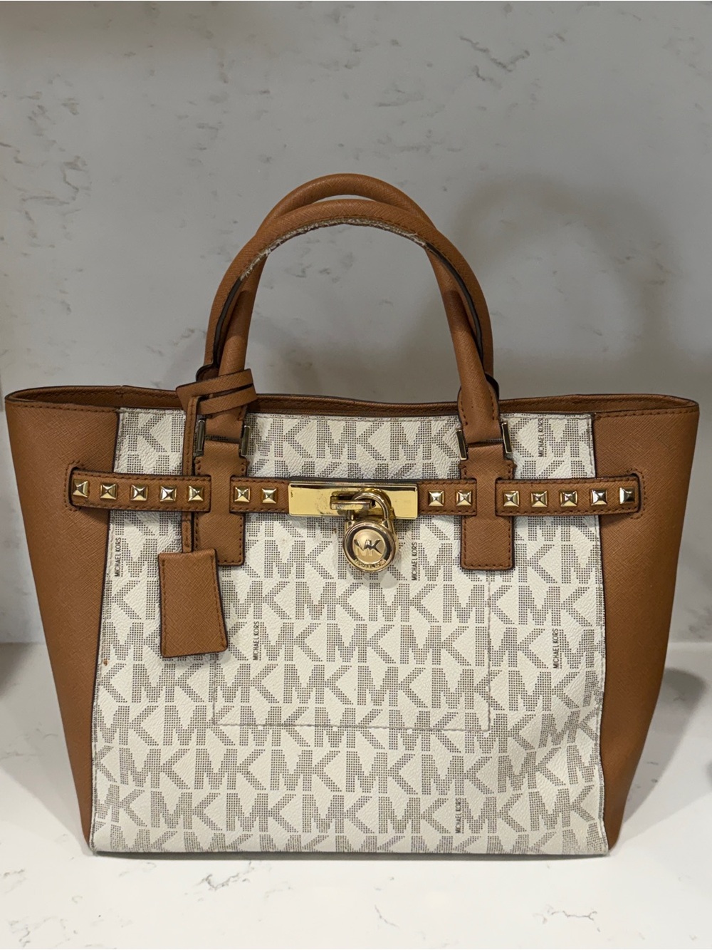 Michael Kors Cream Logo and Brown Satchel with Gold Hardware